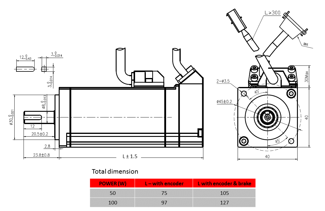 servo motor Product dimension drawing - frame 40mm 서보 모터 제품 치수 도면 - 프레임 40mm